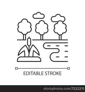 Wetland linear icon. Water covered land type. Wet landform. Swamp and peatland. Aquatic terrain. Thin line customizable illustration. Contour symbol. Vector isolated outline drawing. Editable stroke. Wetland linear icon