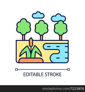 Wetland RGB color icon. Water covered land type. Wet landform. Swamp and peatland. Aquatic terrain. Biome with high humidity. Isolated vector illustration. Simple filled line drawing. Editable stroke. Wetland RGB color icon