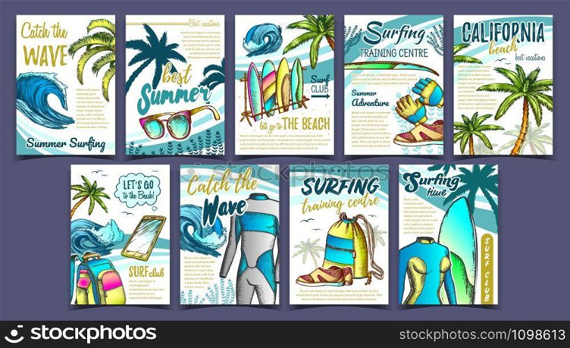 Wetsuits, Ocean Wave And Seaweed Set Banner Vector. Collection Of Advertising Posters With Swimming Suits And Surfing Boards, Trees And Sunglasses, Smartphone And Clothing Illustrations. Wetsuits, Ocean Wave And Seaweed Set Banner Vector