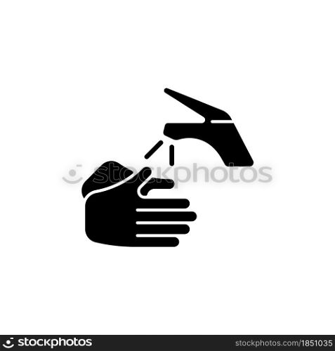 Wetting hands with water black glyph icon. Good hygiene practice. Using clean, warm water. Rinse hands under bathroom tap. Silhouette symbol on white space. Vector isolated illustration. Wetting hands with water black glyph icon