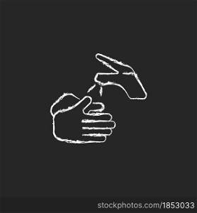Wetting hands with water chalk white icon on dark background. Good hygiene practice. Using clean, warm water. Rinse hands under bathroom tap. Isolated vector chalkboard illustration on black. Wetting hands with water chalk white icon on dark background