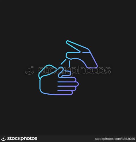 Wetting hands with water gradient vector icon for dark theme. Hygiene practice. Using warm water. Proper handwashing. Thin line color symbol. Modern style pictogram. Vector isolated outline drawing. Wetting hands with water gradient vector icon for dark theme