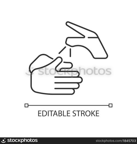 Wetting hands with water linear icon. Good hygiene practice. Using clean, warm water. Thin line customizable illustration. Contour symbol. Vector isolated outline drawing. Editable stroke. Wetting hands with water linear icon