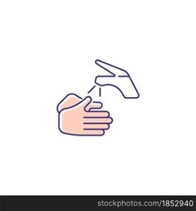 Wetting hands with water RGB color icon. Good hygiene practice. Using clean, warm water. Proper handwashing. Rinse hands under bathroom tap. Isolated vector illustration. Simple filled line drawing. Wetting hands with water RGB color icon