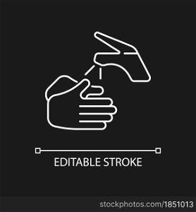 Wetting hands with water white linear icon for dark theme. Good hygiene practice. Using warm water. Thin line customizable illustration. Isolated vector contour symbol for night mode. Editable stroke. Wetting hands with water white linear icon for dark theme