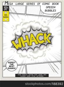 Whack. Explosion in comic style with lettering and realistic puffs smoke. 3D vector pop art speech bubble. Series comics speech bubble