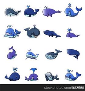 Whale blue tale fish icons set. Cartoon illustration of 16 whale blue tale fish vector icons for web. Whale blue tale fish icons set, cartoon style