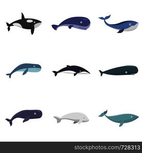 Whale blue tale fish icons set. Flat illustration of 9 whale blue tale fish vector icons isolated on white. Whale blue tale fish icons set vector isolated