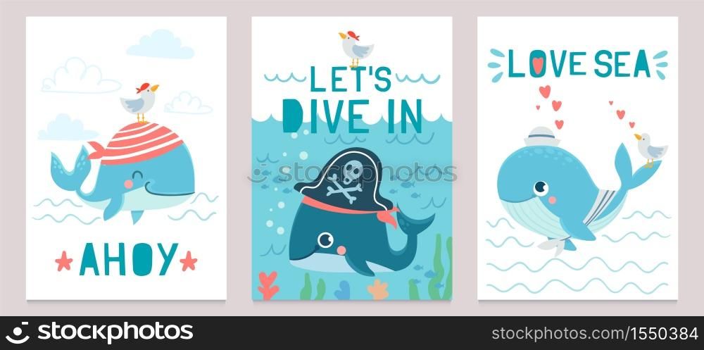 Whale card. Cute marine animals blue whales, happy orca for baby shower design, childrens clothes print, invitation cards vector set. Aquatic creatures in pirate hat, narwhal with seagull. Whale card. Cute marine animals blue whales, happy orca for baby shower design, childrens clothes print, invitation cards vector set