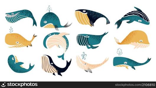 Whale. Cute sea animal. Cartoon blue ocean characters for stickers and children illustration. Isolated humpbacks and cachalot. Swimming aquatic creature with water fountain. Vector marine mammals set. Whale. Cute sea animal. Blue ocean characters for stickers and children illustration. Humpbacks and cachalot. Swimming aquatic creature with water fountain. Vector marine mammals set