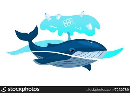Whale in ocean with plastic waste flat concept icon. Environment pollution problem. Marine animal and garbage in sea water sticker, clipart. Isolated cartoon illustration on white background. Whale in ocean with plastic waste flat concept icon