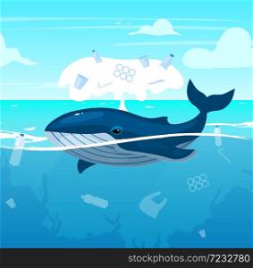 Whale in ocean with plastic waste flat vector illustration. Environment pollution problem. Ecological catastrophe. Water contamination, nature damage. Marine animal in sea cartoon character. Whale in ocean with plastic waste flat vector illustration