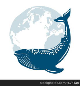 Whale on the background of the planet Earth. Vector illustration, flat style.. Whale on the background of the planet Earth. Vector illustration, flat style