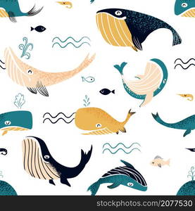 Whale pattern. Seamless print with cartoon ocean swimming characters. Adorable childish water wild animals and sea waves. Cute humpbacks and cachalots. Fish and shrimp. Marine mammals. Vector texture. Whale pattern. Seamless print with cartoon ocean swimming characters. Adorable water wild animals and sea waves. Humpbacks and cachalots. Fish and shrimp. Marine mammals. Vector texture