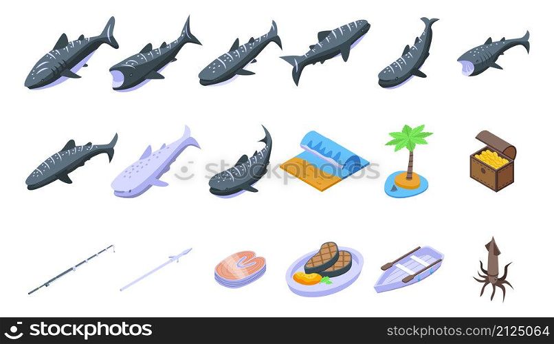 Whale shark icons set isometric vector. Fish animal. Exotic mammal. Whale shark icons set isometric vector. Fish animal