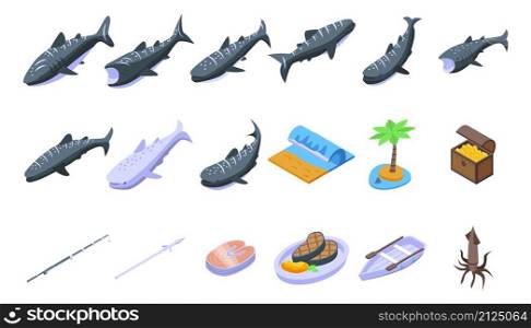 Whale shark icons set isometric vector. Fish animal. Exotic mammal. Whale shark icons set isometric vector. Fish animal