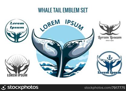 Whale tail logo or emblem set. Only free font used. Isolated on white background.