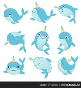 Whale unicorn. Cute marine inhabitants colorful adorable whales unicorns, funny animals childrens anime creatures, cartoon vector characters. Narwhal with colorful horn isolated on white. Whale unicorn. Cute marine inhabitants colorful adorable whales unicorns, funny animals childrens anime creatures, cartoon vector characters