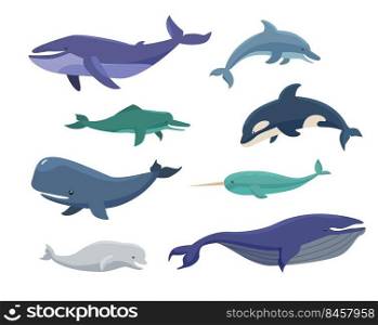 Whales, bowheads, narwhals, orcas cartoon illustration set. Group of blue and white marine animals of different sizes. Mammal, sea and ocean creatures concept