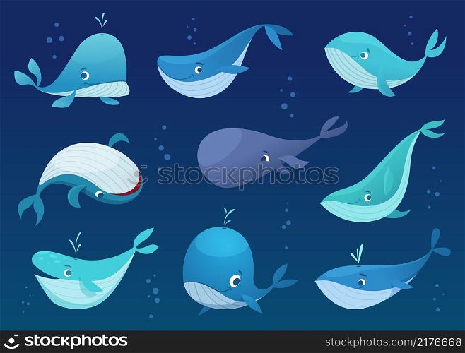Whales cartoon. Underwater wild big cute fishes sea or ocean swimming animals exact vector whales in various poses isolated. Illustration animal underwater, wild and drawing. Whales cartoon. Underwater wild big cute fishes sea or ocean swimming animals exact vector whales in various poses isolated