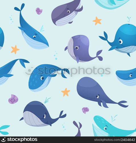 Whales pattern. Textile template pictures with underwater wild animals big blue whales exact vector seamless background in cartoon style. Illustration of underwater whale, animal sea. Whales pattern. Textile template pictures with underwater wild animals big blue whales exact vector seamless background in cartoon style