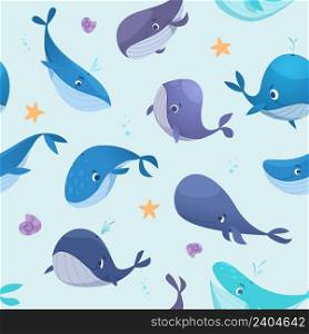 Whales pattern. Textile template pictures with underwater wild animals big blue whales exact vector seamless background in cartoon style. Illustration of underwater whale, animal sea. Whales pattern. Textile template pictures with underwater wild animals big blue whales exact vector seamless background in cartoon style