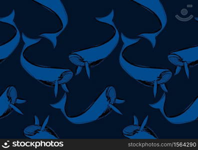 Whales seamless pattern background, blue tone image, vector illustration, doodle drawing style