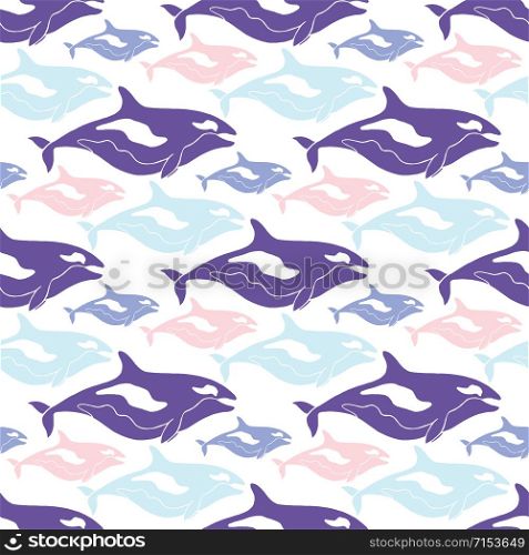 Whales seamless pattern in blue, pink and purple colors. Whales seamless pattern in blue, pink and purple colors.