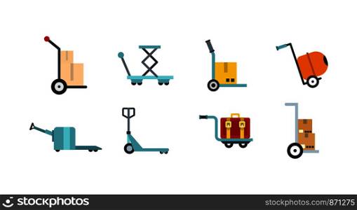 Wharehouse cart icon set. Flat set of wharehouse cart vector icons for web design isolated on white background. Wharehouse cart icon set, flat style