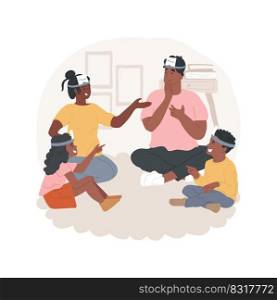 What am I isolated cartoon vector illustration. Picture guessing board game, family sitting in circle, wearing card on forehead, children and parents playing, asking what am I vector cartoon.. What am I isolated cartoon vector illustration.