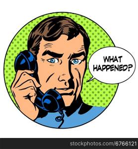 What happened man phone question online support business concept. What happened man phone question online support business concept. Pop art retro style