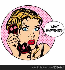 What happens woman phone question online support business concep. What happens woman phone question online support the business concept. Pop art retro style