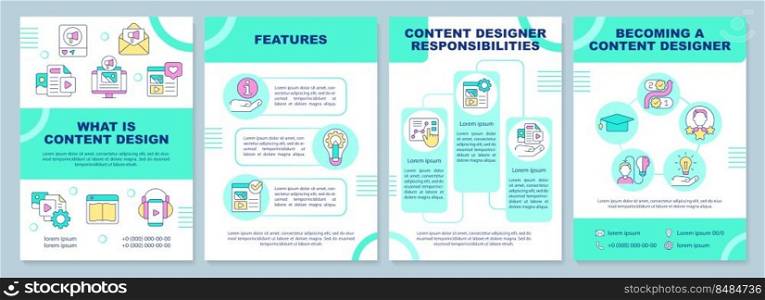 What is content design green brochure template. Leaflet design with linear icons. Editable 4 vector layouts for presentation, annual reports. Arial-Black, Myriad Pro-Regular fonts used. What is content design green brochure template