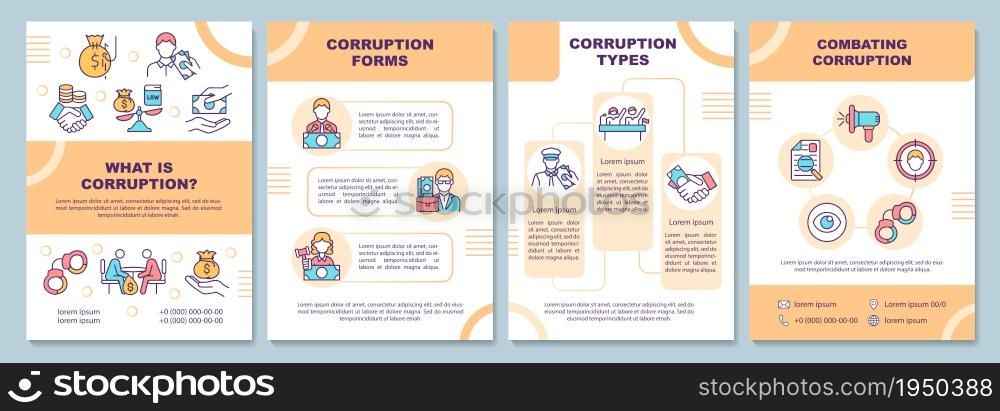 What is corruption brochure template. Fraus and bribary combat. Flyer, booklet, leaflet print, cover design with linear icons. Vector layouts for presentation, annual reports, advertisement pages. What is corruption brochure template