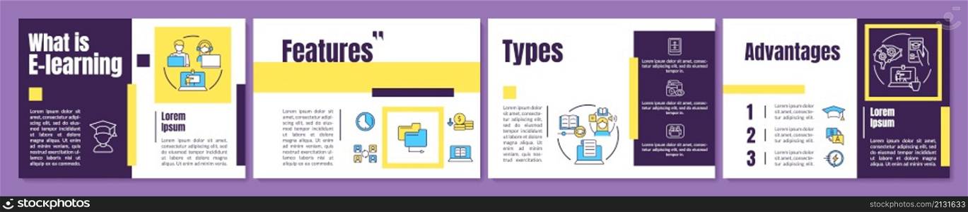 What is elearning purple and yellow brochure template. Online studying. Booklet print design with linear icons. Vector layouts for presentation, annual reports, ads. Anton, Lato-Regular fonts used. What is elearning purple and yellow brochure template