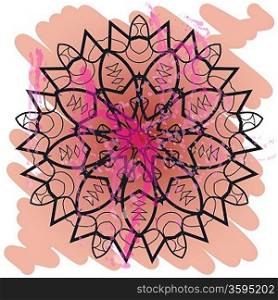 what is karma? Oriental mandala motif round lase pattern on the brown background, like snowflake or mehndi paint of orange color. Ethnic backgrounds concept
