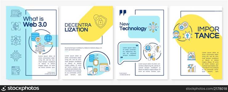 What is Web 3 0 blue and yellow brochure template. Low code. Booklet print design with linear icons. Vector layouts for presentation, annual reports, ads. Questrial-Regular, Lato-Regular fonts used. What is Web 3 0 blue and yellow brochure template