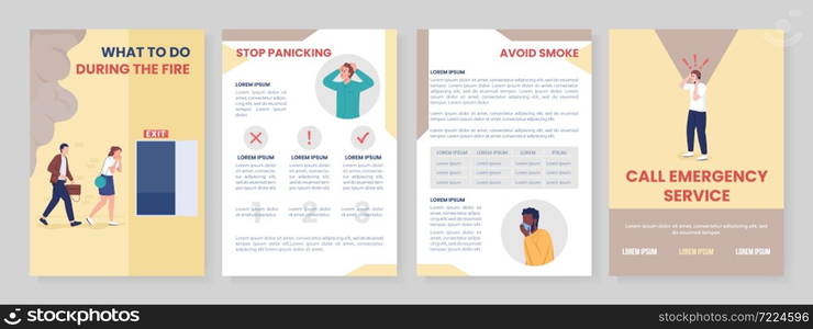 What to do during fire flat vector brochure template. Flyer, booklet, printable leaflet design with flat illustrations. Magazine page, cartoon reports, infographic posters with text space. What to do during fire flat vector brochure template