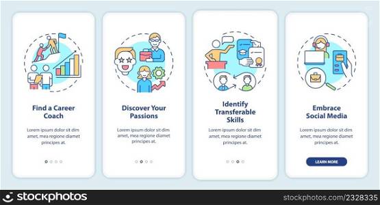 What to do if career is wrong onboarding mobile app screen. Find coach walkthrough 4 steps graphic instructions pages with linear concepts. UI, UX, GUI template. Myriad Pro-Bold, Regular fonts used. What to do if career is wrong onboarding mobile app screen