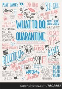 What to do in quarantine, typography hand lettering poster design, blue and pink. List of activities at home, flat vector illustration