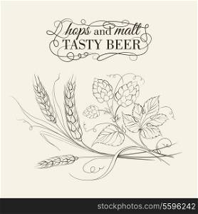 Wheat and hop on sepia. Vector illustration.