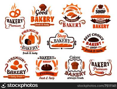 Wheat and rye bread, pastry and bakery shop signboards, icons and emblems design. Decorated by cartouches, ribbon banners, cereal ears, chef hats, sun rays, stars and swirls. Bread, pastry and bakery shop icons or symbols