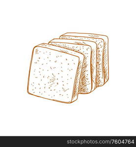 Wheat bread with cumin seeds cut slices isolated sketch. Vector pastry food, toast dough. Toast bread slices with seeds isolated sketch