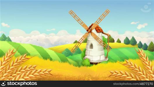 Wheat field. Windmill landscape. Horizontal background, vector