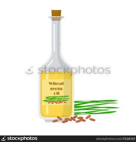 Wheat germ oil in glass bottle with natural ingredient. Liquid extracted from kernel vector illustration. Organic fresh product near packaging.