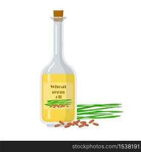 Wheat germ oil in glass bottle with natural ingredient. Liquid extracted from kernel vector illustration. Organic fresh product near packaging.