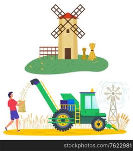 Wheat harvesting vector, man working on field with agricultural machinery. Windmill and personage with tractor, village landscape plantation flat style. Harvesting Season, Windmill and Harvester Wheat