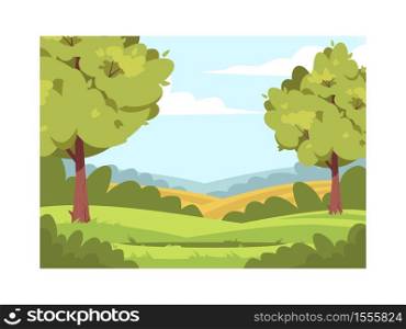 Wheat plantation semi flat vector illustration. Summer woods with clearing. Farmland with greenery and pasture. Growing seasonal harvest. Rural 2D cartoon landscape for commercial use. Wheat plantation semi flat vector illustration