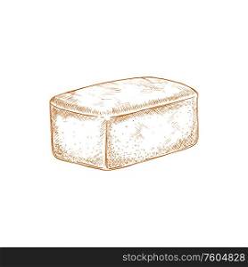 Wheat square bread isolated monochrome sketch. Vector pastry food or bakery product. Square loaf of bread isolated monochrome sketch