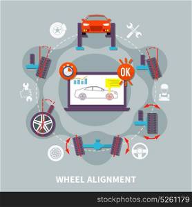 Wheel Alignment Flat Design Concept. Wheel alignment flat design concept with icons of car in auto service computer tools for balance diagnostics vector illustration